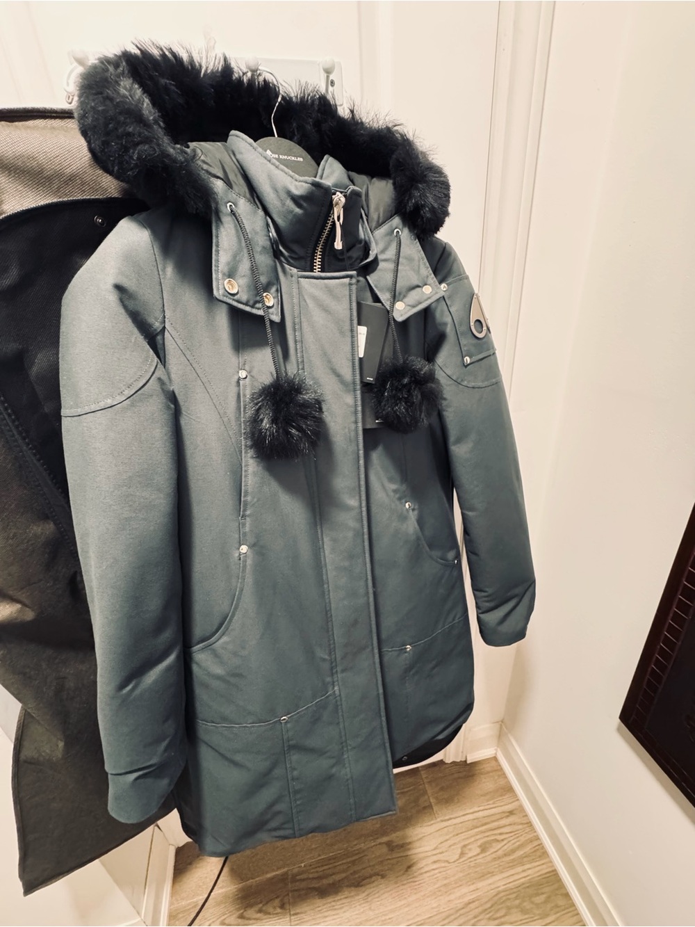 Moose Knuckles Women's Dark Grey Hooded Puffer Parka with Faux Fur Trim